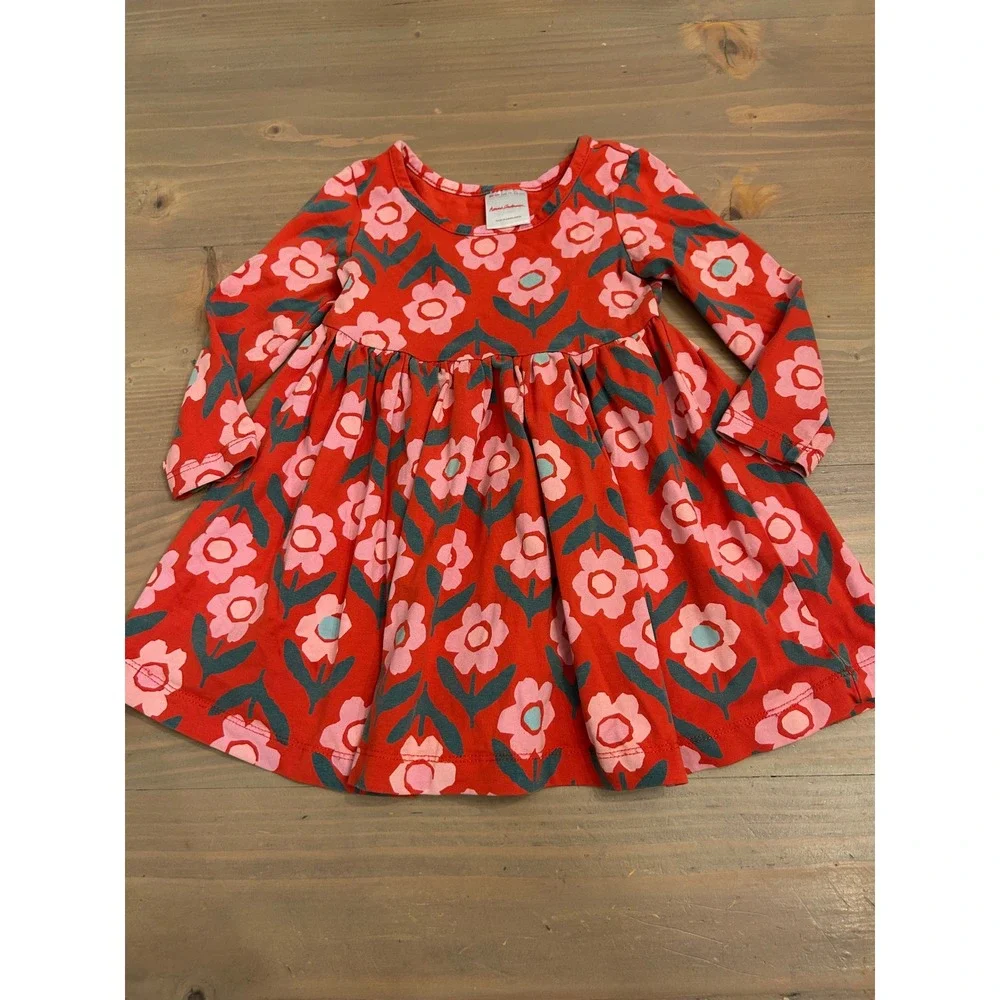 K7 Hanna Andersson Girls Red Pink Floral Long Sleeve Skater Dress 80cm US 18-24M